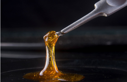 Golden plant extract dripping from a stainless dab tool