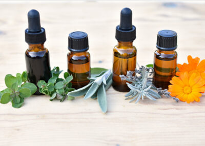 Herbal tincture and essential oil dropper bottles with fresh herbs