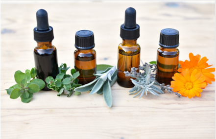 Herbal tincture dropper bottles with fresh herbs and calendula flowers